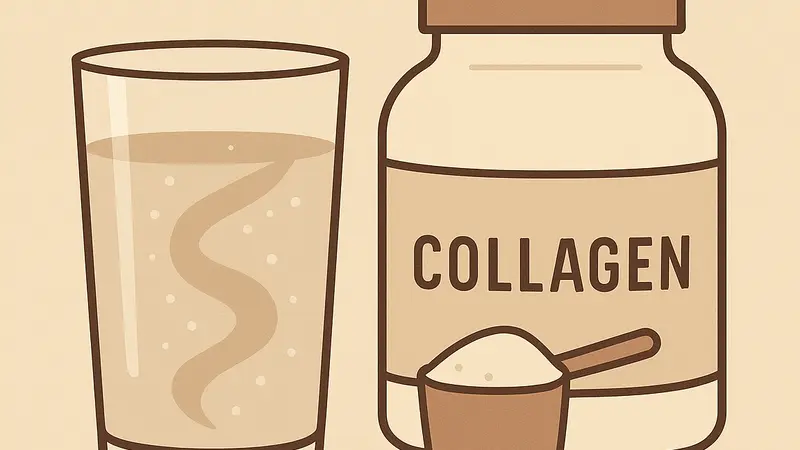 Glass of collagen protein drink and jar of powder with scoop on neutral surface