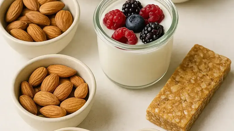 Assorted energy balls, nuts and berries arranged on a neutral surface