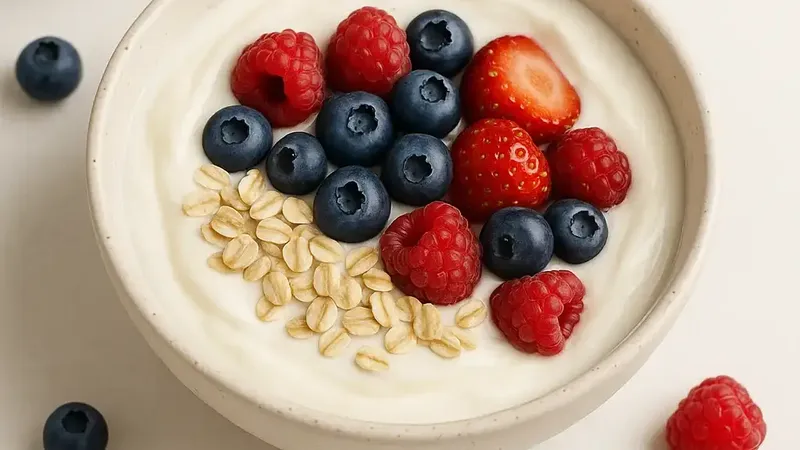 Bowl of oatmeal topped with yoghurt, berries and nuts on a neutral surface