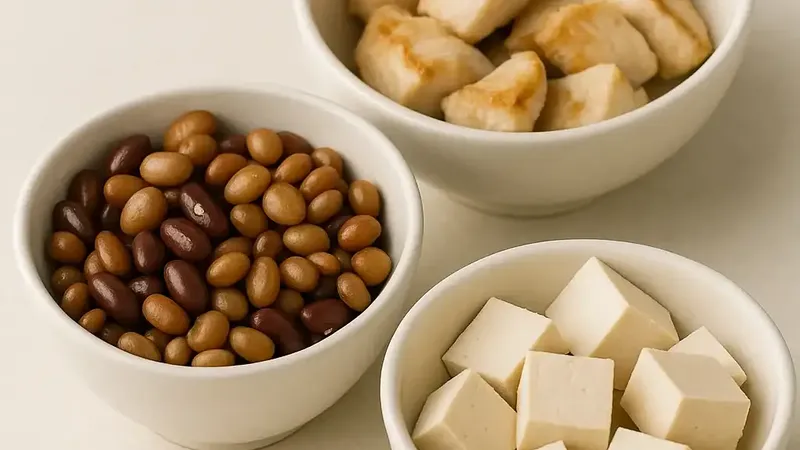 Variety of protein-rich foods like chicken, tofu, beans and eggs on a neutral surface