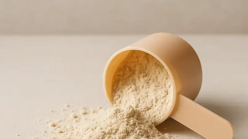 Scoop of protein powder spilled on a table beside a shaker
