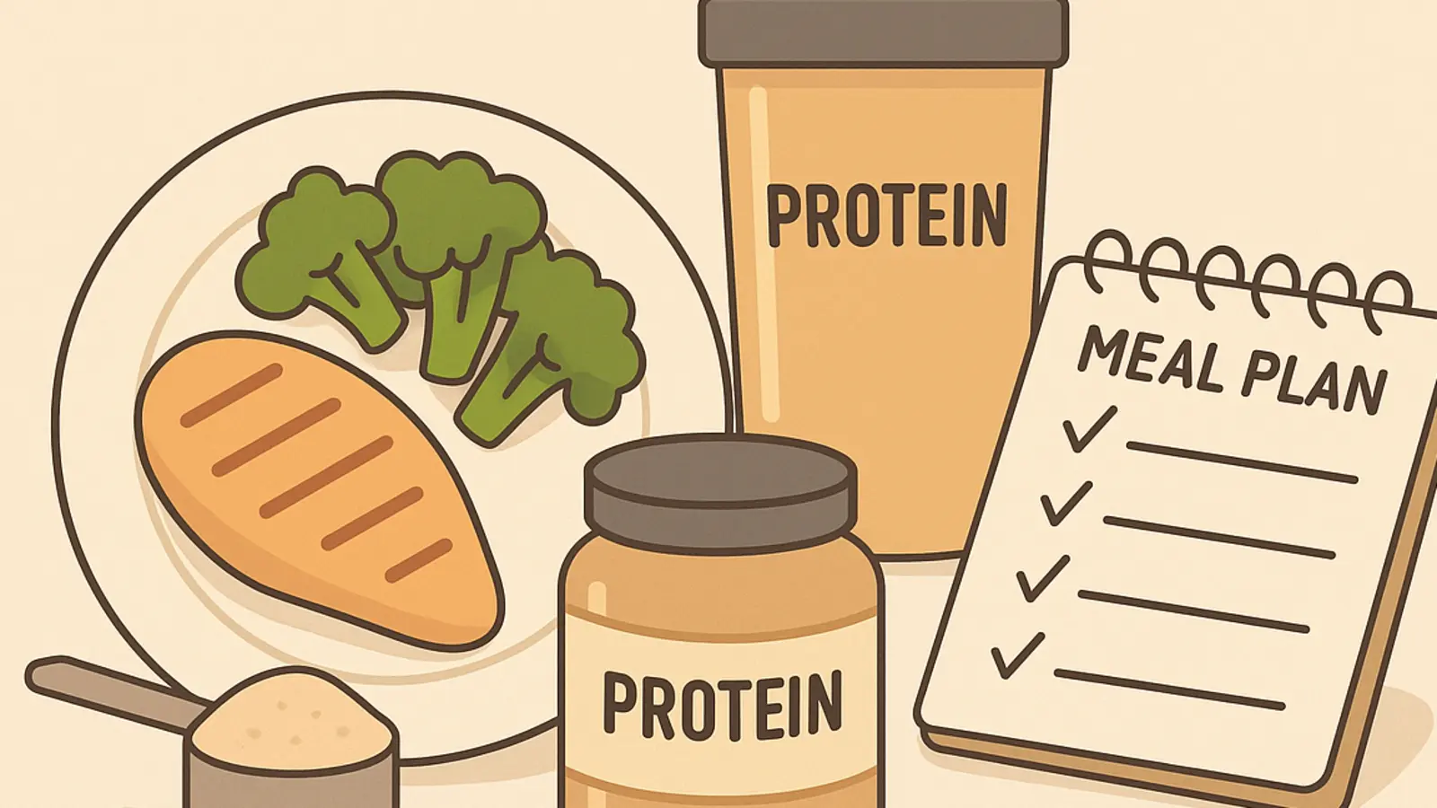 Notebook, shaker and headphones laid out for planning a weekly protein routine