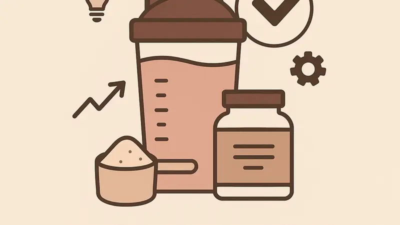 Protein shake in shaker with peanut butter jar on neutral surface