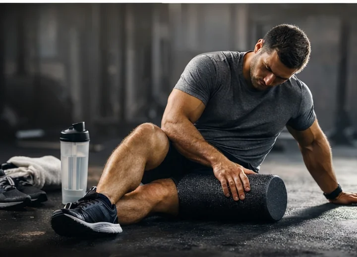 Athlete foam rolling on the gym floor beside a shaker bottle