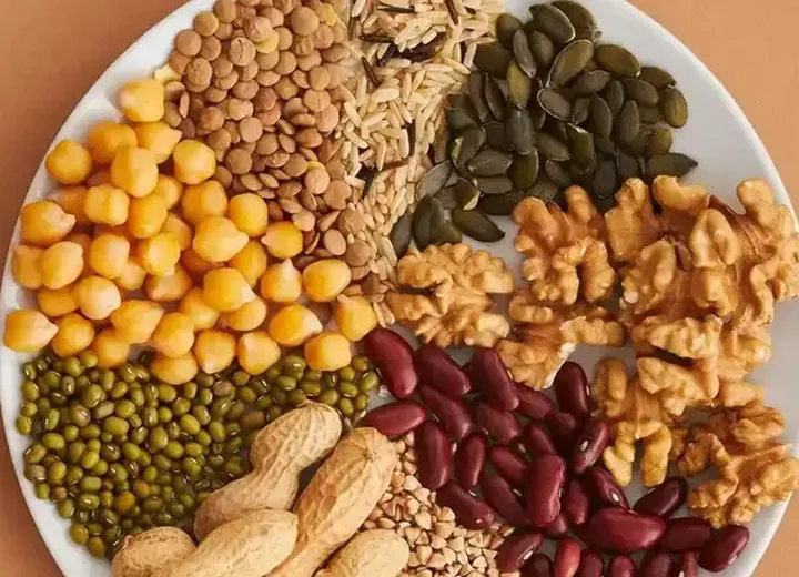 Plate of chickpeas, lentils, beans, nuts and seeds