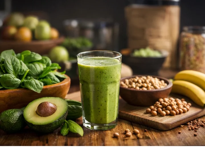 Green plant-based smoothie with spinach, avocado and soybeans