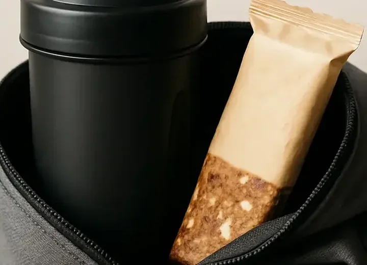 Protein bar and shaker bottle packed into a gym bag