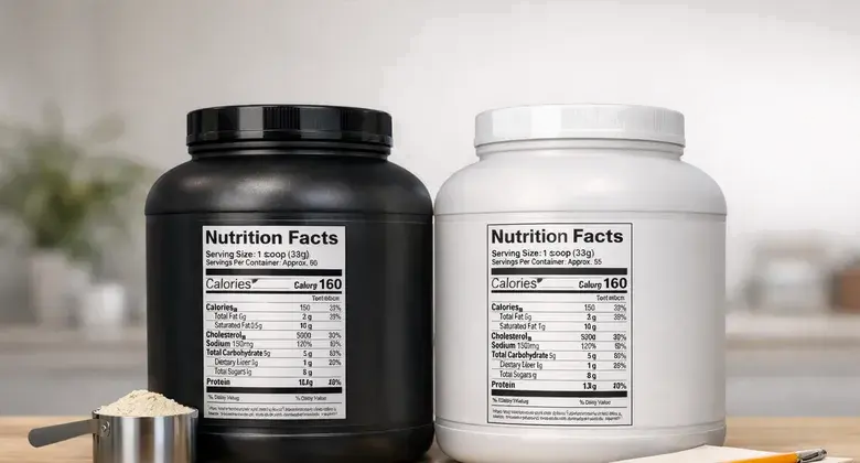 Two unbranded protein powder containers side by side showing nutrition facts labels