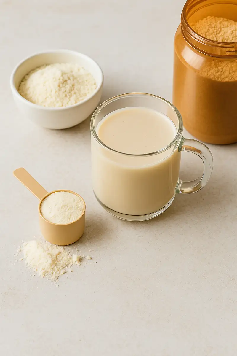 Glass of collagen protein drink and jar of powder with scoop on neutral surface