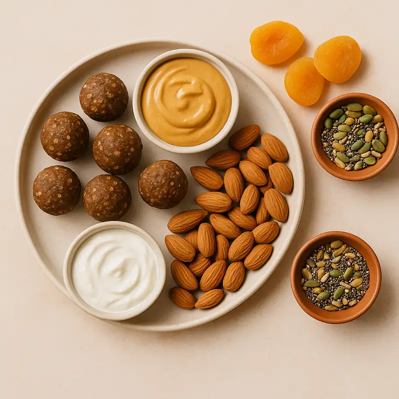 Assorted energy balls, nuts and berries arranged on a neutral surface