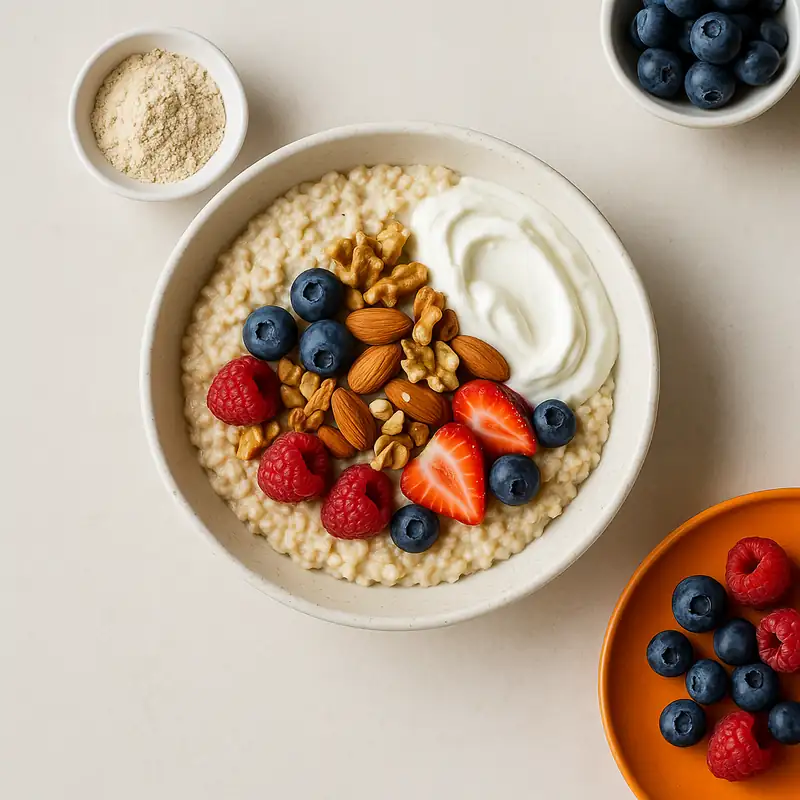 Bowl of oatmeal topped with yoghurt, berries and nuts on a neutral surface