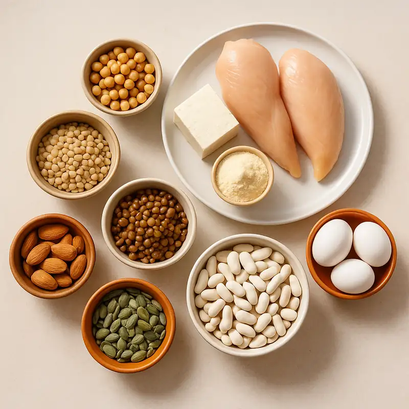Variety of protein-rich foods like chicken, tofu, beans and eggs on a neutral surface