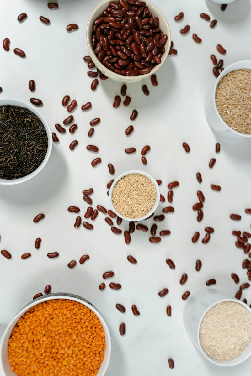 Top‑down view of bowls filled with beans, lentils and grains representing plant‑based protein sustainability