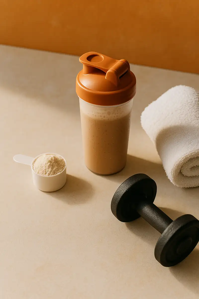 Protein shaker with dumbbell and towel on a neutral surface
