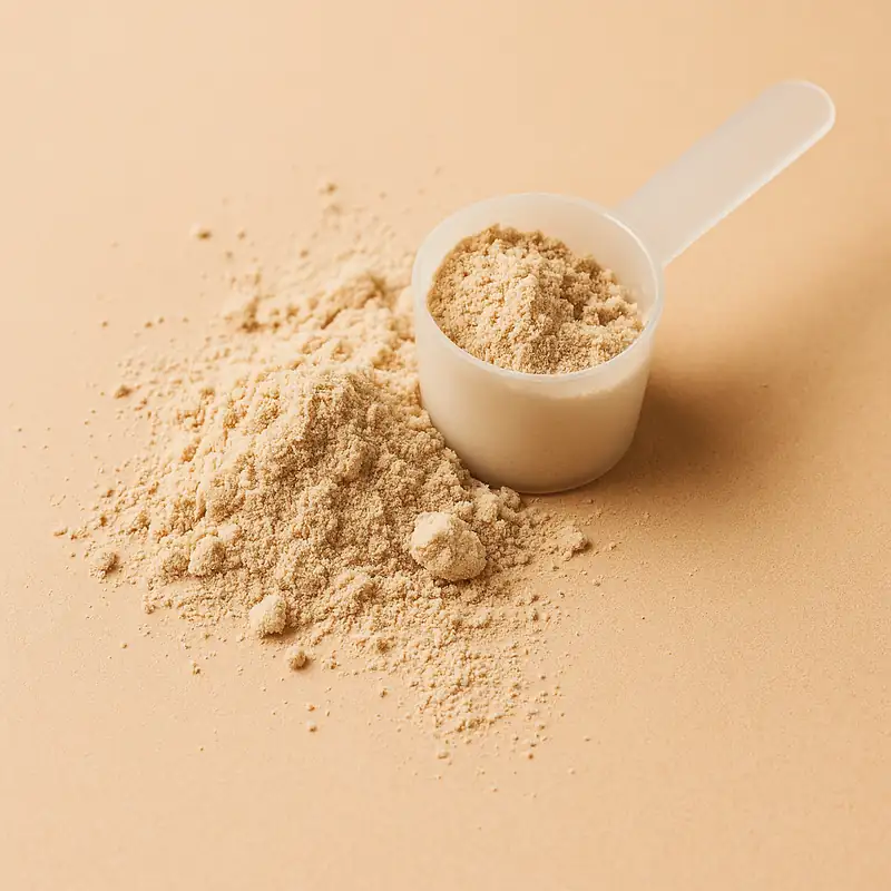 Scoop of protein powder spilled on a table beside a shaker