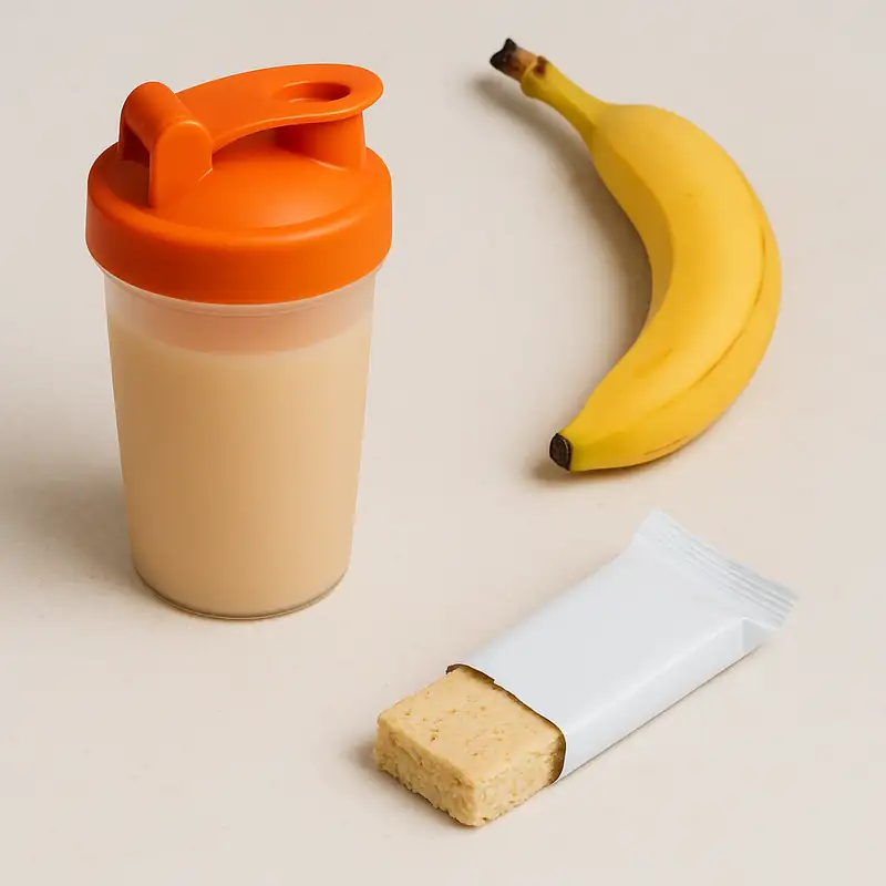 Protein shaker, bar and banana arranged neatly on a neutral surface
