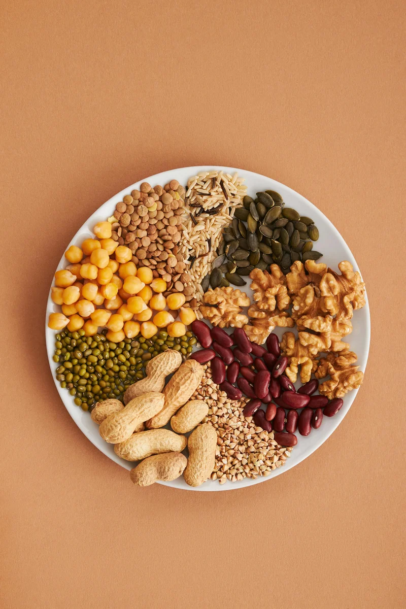 Plate filled with assorted nuts, beans, grains and legumes representing protein quality scores