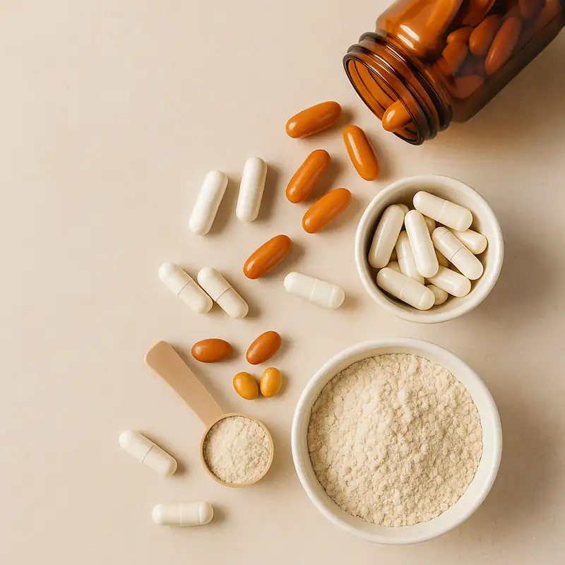 Supplement capsules and powder displayed on a neutral surface
