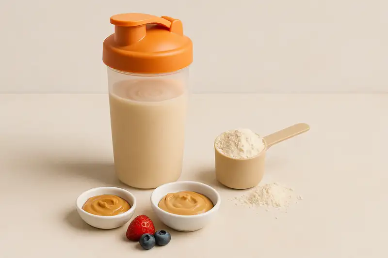 Protein shake in shaker with peanut butter jar on neutral surface