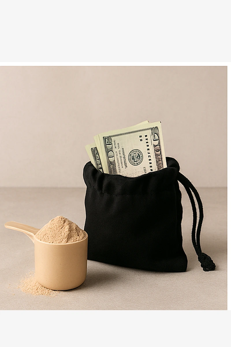 Receipt, calculator and food items used to plan a budget