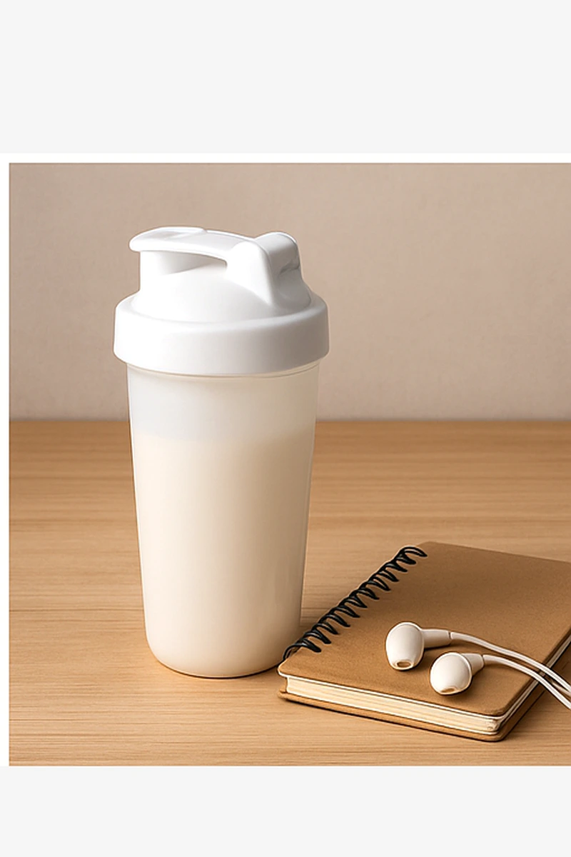 Notebook, shaker and headphones for planning a protein routine