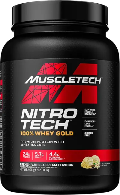 MuscleTech Nitro‑Tech Whey Gold protein powder container